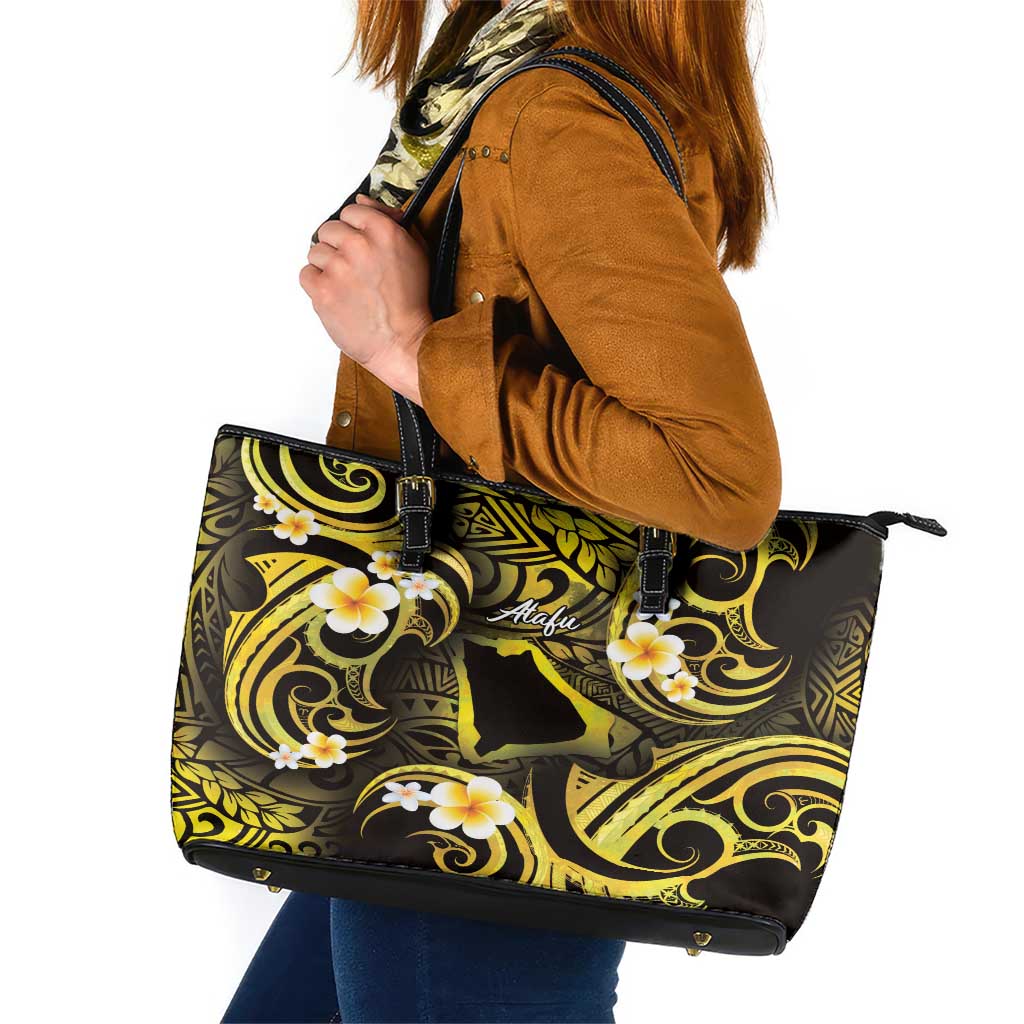 Tokelau Atafu Atoll Leather Tote Bag Polynesian Tattoo Plumeria With Map LT14 Gold - Polynesian Pride