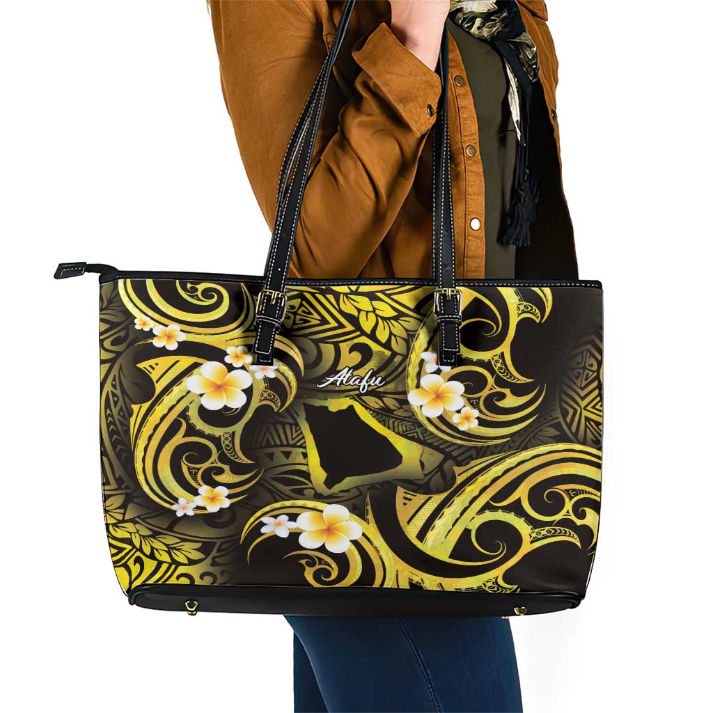 Tokelau Atafu Atoll Leather Tote Bag Polynesian Tattoo Plumeria With Map LT14 - Polynesian Pride