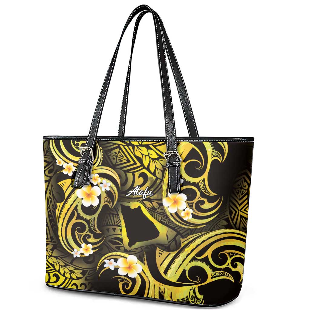 Tokelau Atafu Atoll Leather Tote Bag Polynesian Tattoo Plumeria With Map LT14 - Polynesian Pride