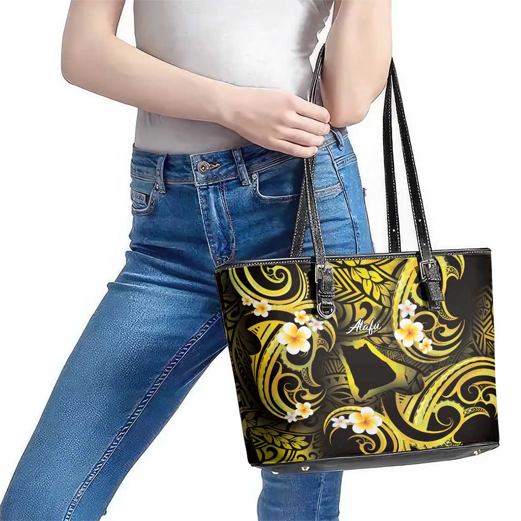 Tokelau Atafu Atoll Leather Tote Bag Polynesian Tattoo Plumeria With Map LT14 - Polynesian Pride