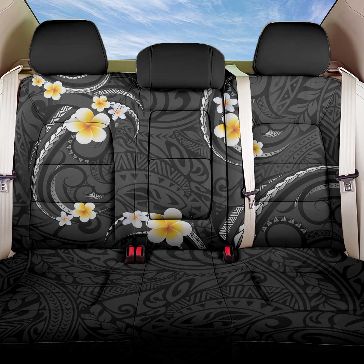 Black And Gray Back Car Seat Cover Curves Polynesian Tattoo Mix Plumeria Flowers LT14 One Size Gray - Polynesian Pride