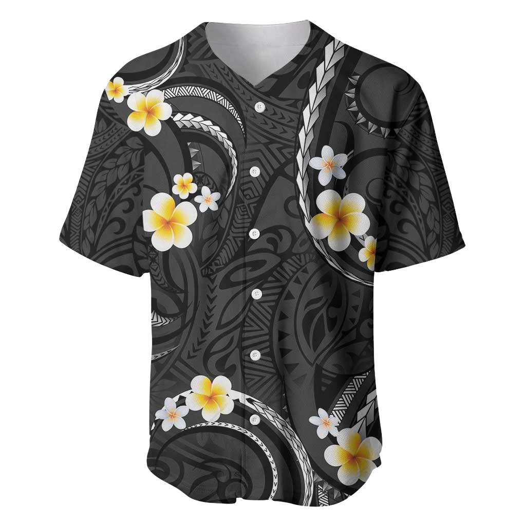 Black And Gray Baseball Jersey Curves Polynesian Tattoo Mix Plumeria Flowers LT14 Gray - Polynesian Pride