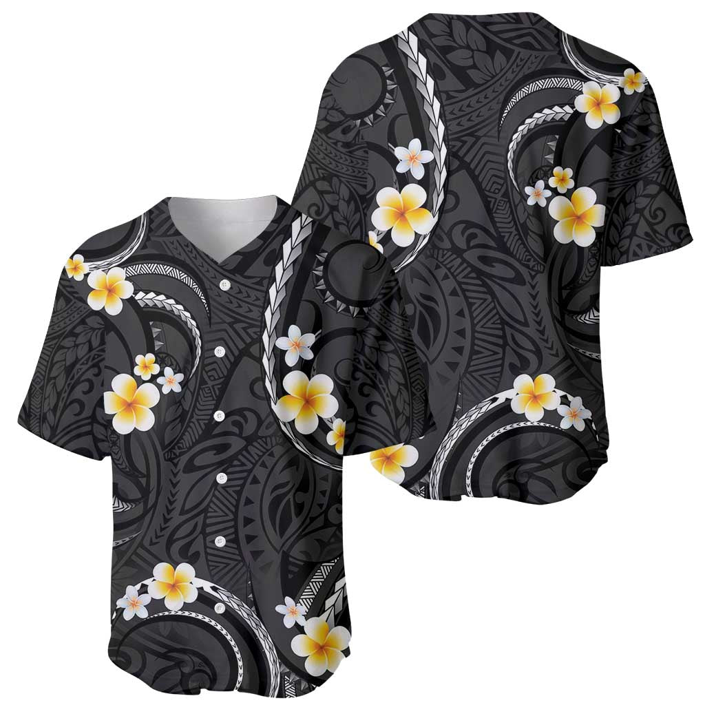 Black And Gray Baseball Jersey Curves Polynesian Tattoo Mix Plumeria Flowers LT14 - Polynesian Pride