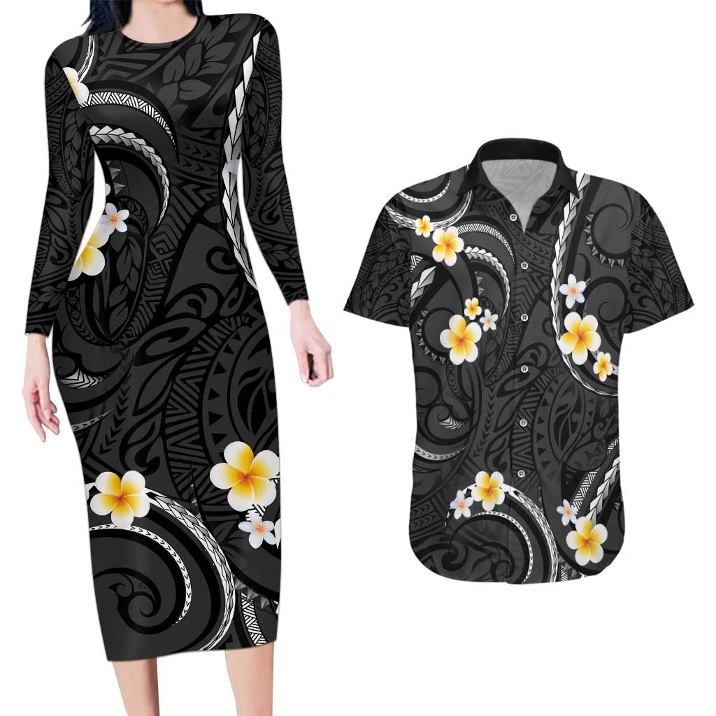 Black And Gray Couples Matching Long Sleeve Bodycon Dress and Hawaiian Shirt Curves Polynesian Tattoo Mix Plumeria Flowers LT14 Gray - Polynesian Pride