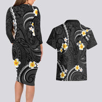 Black And Gray Couples Matching Long Sleeve Bodycon Dress and Hawaiian Shirt Curves Polynesian Tattoo Mix Plumeria Flowers LT14 - Polynesian Pride
