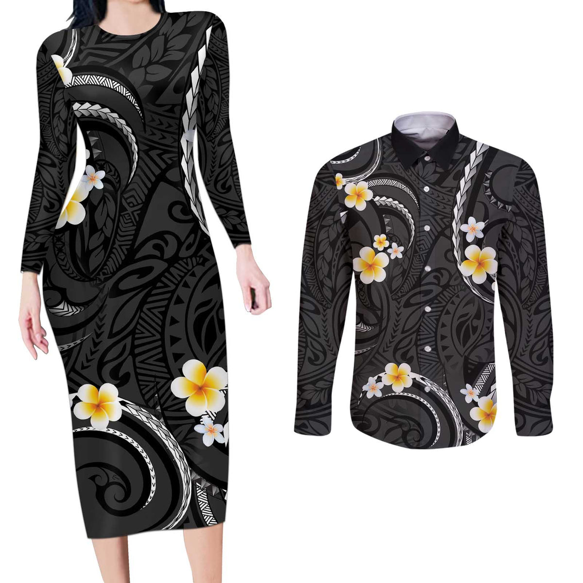 Black And Gray Couples Matching Long Sleeve Bodycon Dress and Long Sleeve Button Shirt Curves Polynesian Tattoo Mix Plumeria Flowers LT14 Gray - Polynesian Pride