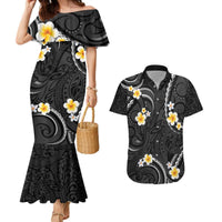 Black And Gray Couples Matching Mermaid Dress and Hawaiian Shirt Curves Polynesian Tattoo Mix Plumeria Flowers LT14 Gray - Polynesian Pride