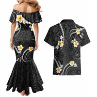 Black And Gray Couples Matching Mermaid Dress and Hawaiian Shirt Curves Polynesian Tattoo Mix Plumeria Flowers LT14 - Polynesian Pride