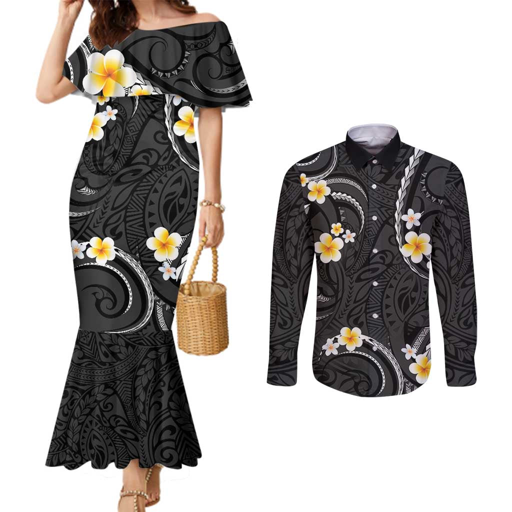 Black And Gray Couples Matching Mermaid Dress and Long Sleeve Button Shirt Curves Polynesian Tattoo Mix Plumeria Flowers LT14 Gray - Polynesian Pride