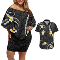 Black And Gray Couples Matching Off Shoulder Short Dress and Hawaiian Shirt Curves Polynesian Tattoo Mix Plumeria Flowers LT14 Gray - Polynesian Pride