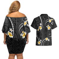 Black And Gray Couples Matching Off Shoulder Short Dress and Hawaiian Shirt Curves Polynesian Tattoo Mix Plumeria Flowers LT14 - Polynesian Pride