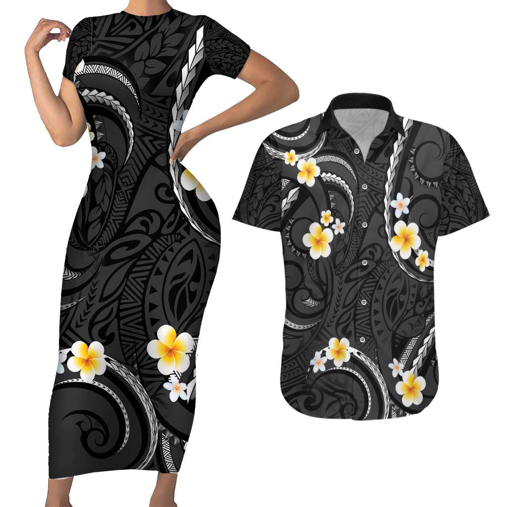 Black And Gray Couples Matching Short Sleeve Bodycon Dress and Hawaiian Shirt Curves Polynesian Tattoo Mix Plumeria Flowers LT14 Gray - Polynesian Pride
