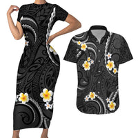 Black And Gray Couples Matching Short Sleeve Bodycon Dress and Hawaiian Shirt Curves Polynesian Tattoo Mix Plumeria Flowers LT14 Gray - Polynesian Pride