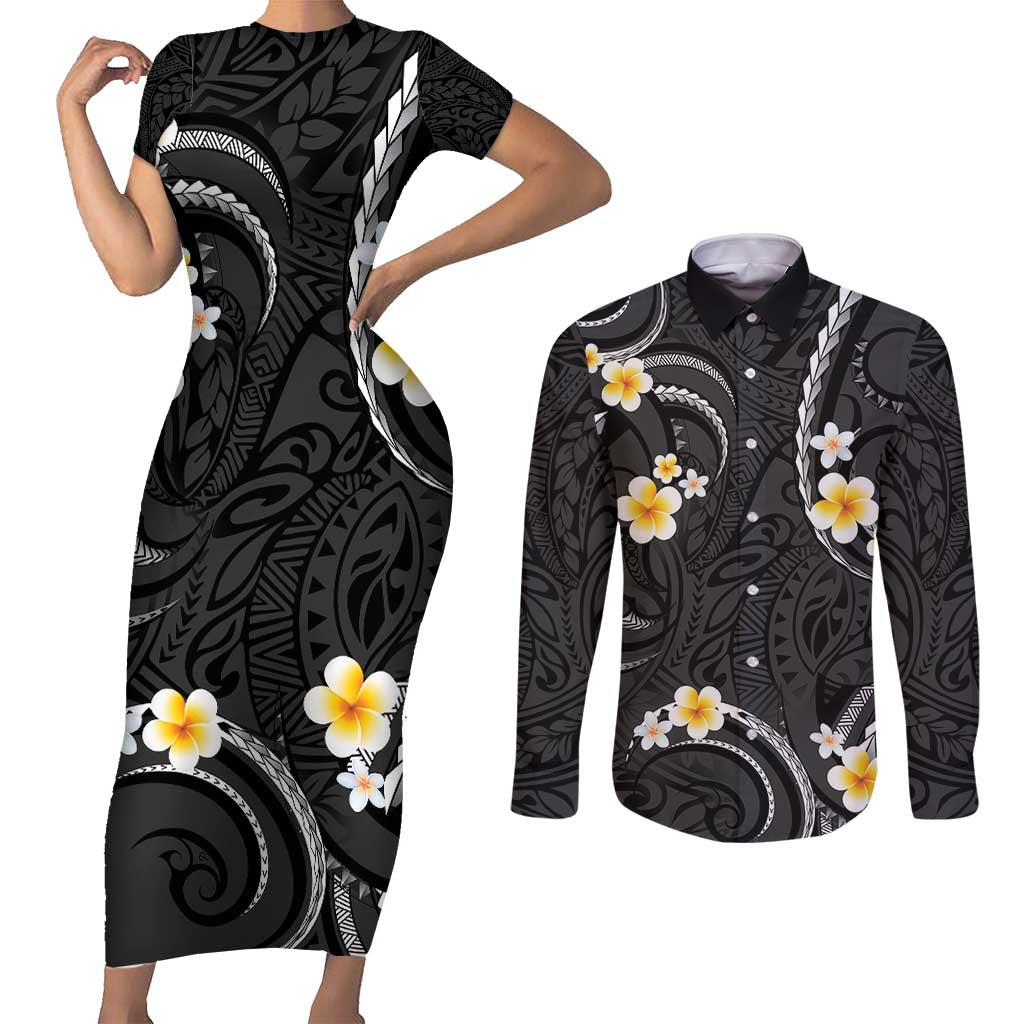 Black And Gray Couples Matching Short Sleeve Bodycon Dress and Long Sleeve Button Shirt Curves Polynesian Tattoo Mix Plumeria Flowers LT14 Gray - Polynesian Pride