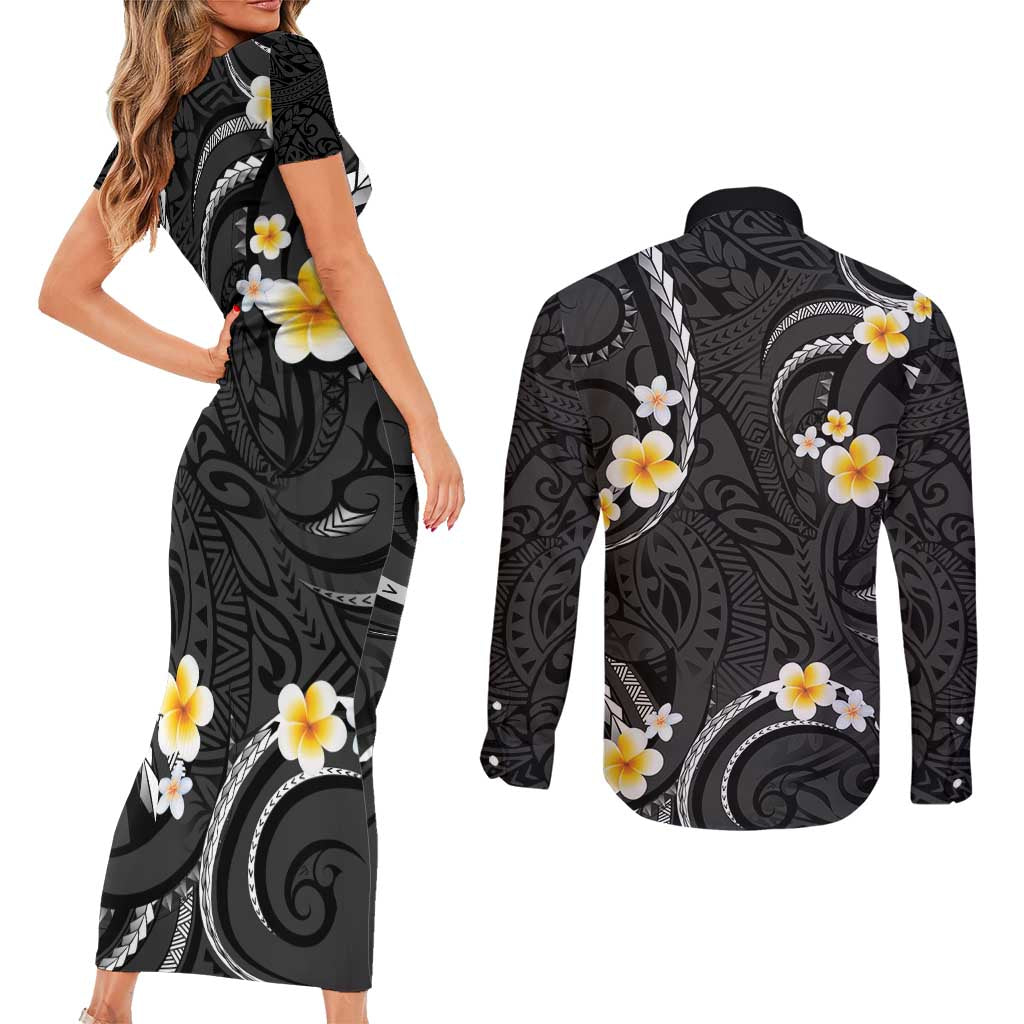 Black And Gray Couples Matching Short Sleeve Bodycon Dress and Long Sleeve Button Shirt Curves Polynesian Tattoo Mix Plumeria Flowers LT14 - Polynesian Pride