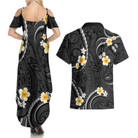 Black And Gray Couples Matching Summer Maxi Dress and Hawaiian Shirt Curves Polynesian Tattoo Mix Plumeria Flowers LT14 - Polynesian Pride