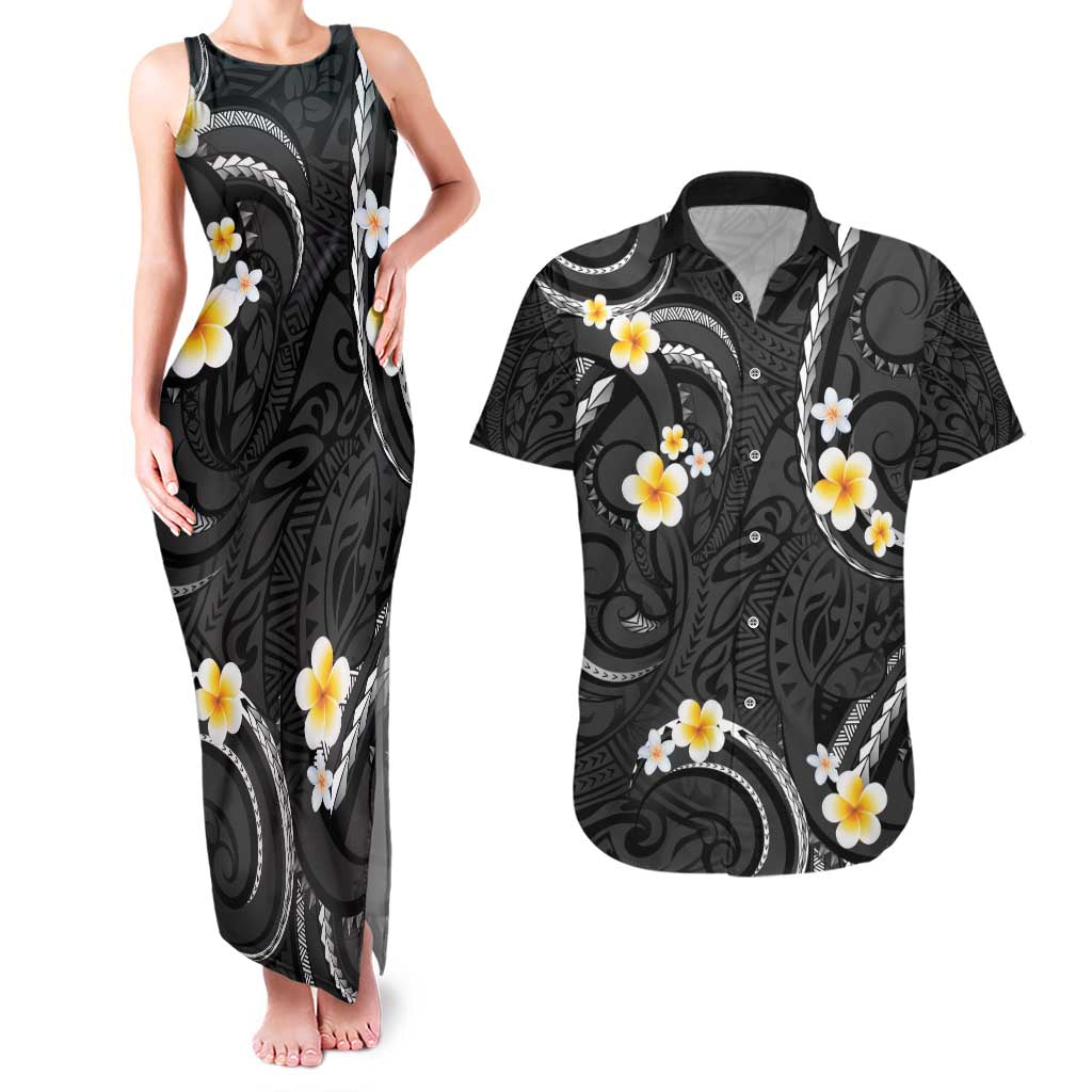 Black And Gray Couples Matching Tank Maxi Dress and Hawaiian Shirt Curves Polynesian Tattoo Mix Plumeria Flowers LT14 Gray - Polynesian Pride