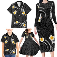 Black And Gray Family Matching Long Sleeve Bodycon Dress and Hawaiian Shirt Curves Polynesian Tattoo Mix Plumeria Flowers LT14 - Polynesian Pride