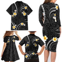 Black And Gray Family Matching Long Sleeve Bodycon Dress and Hawaiian Shirt Curves Polynesian Tattoo Mix Plumeria Flowers LT14 - Polynesian Pride