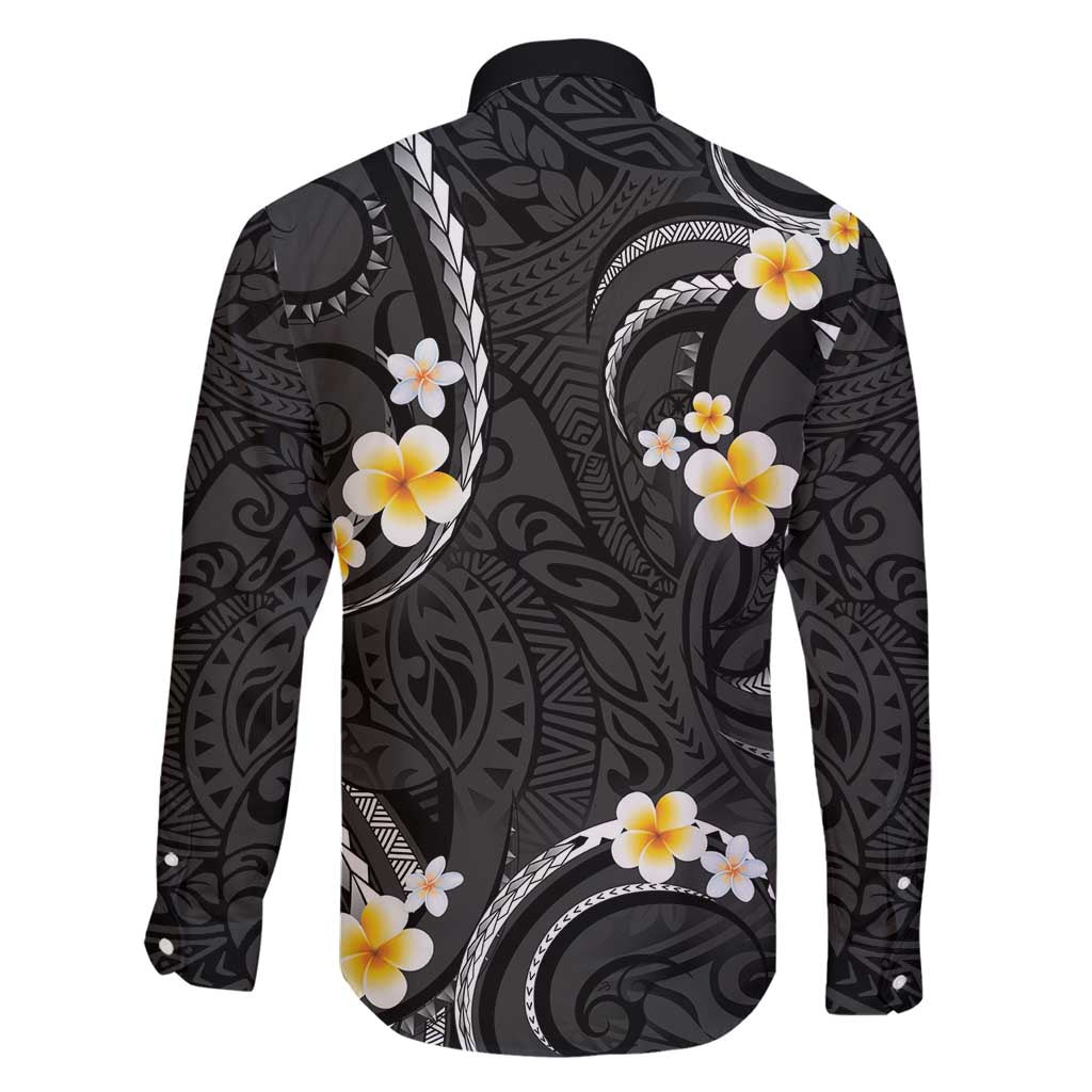 Black And Gray Family Matching Long Sleeve Bodycon Dress and Hawaiian Shirt Curves Polynesian Tattoo Mix Plumeria Flowers LT14 - Polynesian Pride