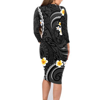 Black And Gray Family Matching Long Sleeve Bodycon Dress and Hawaiian Shirt Curves Polynesian Tattoo Mix Plumeria Flowers LT14 - Polynesian Pride