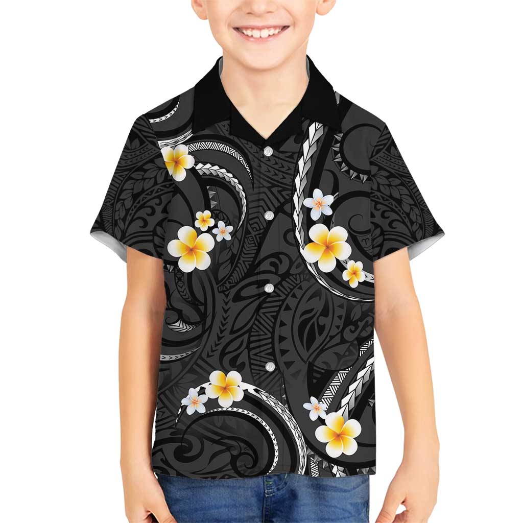 Black And Gray Family Matching Long Sleeve Bodycon Dress and Hawaiian Shirt Curves Polynesian Tattoo Mix Plumeria Flowers LT14 Son's Shirt Gray - Polynesian Pride