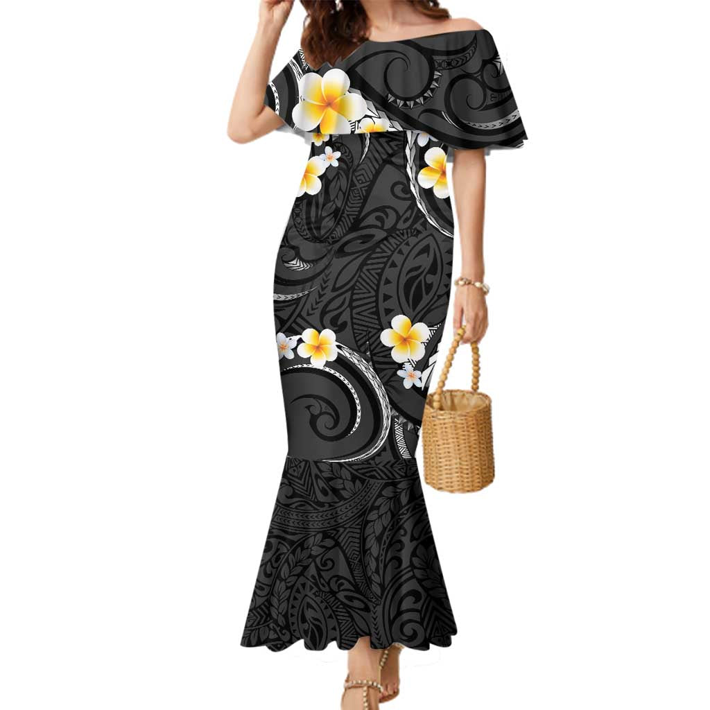 Black And Gray Family Matching Mermaid Dress and Hawaiian Shirt Curves Polynesian Tattoo Mix Plumeria Flowers LT14 Mom's Dress Gray - Polynesian Pride