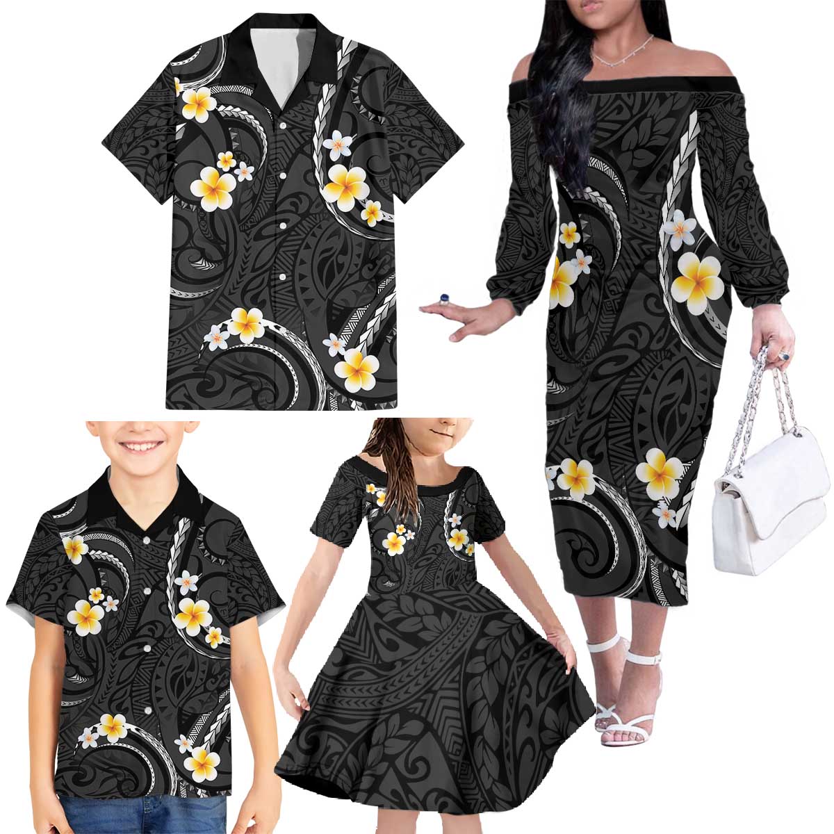 Black And Gray Family Matching Off The Shoulder Long Sleeve Dress and Hawaiian Shirt Curves Polynesian Tattoo Mix Plumeria Flowers LT14 - Polynesian Pride