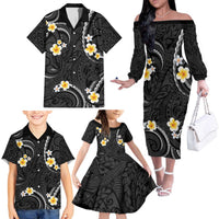 Black And Gray Family Matching Off The Shoulder Long Sleeve Dress and Hawaiian Shirt Curves Polynesian Tattoo Mix Plumeria Flowers LT14 - Polynesian Pride