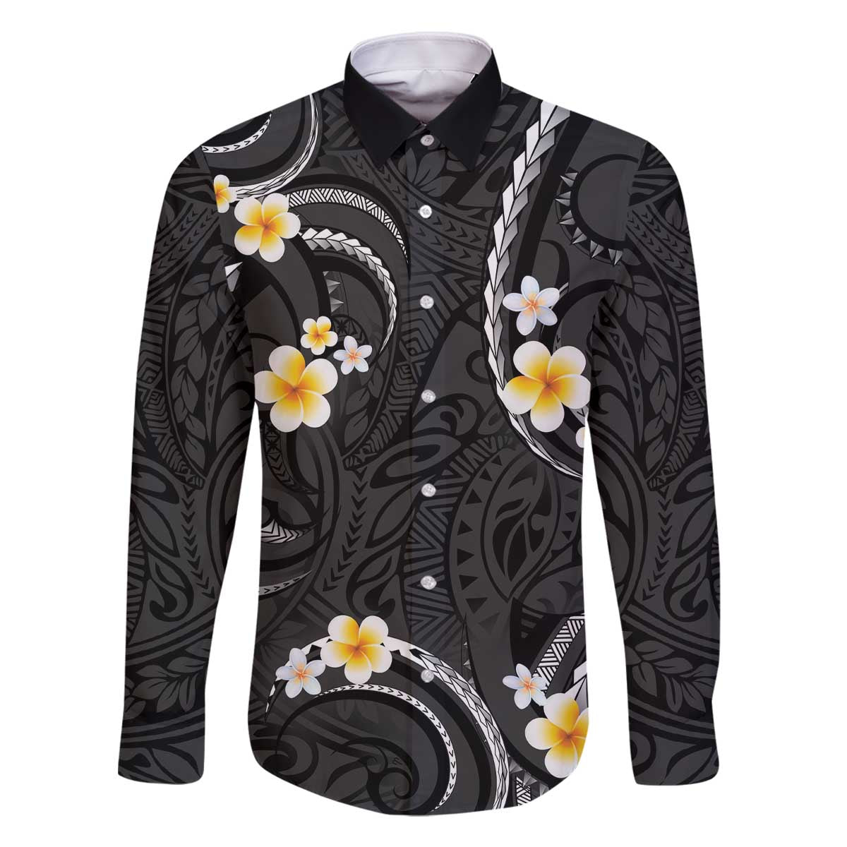 Black And Gray Family Matching Off The Shoulder Long Sleeve Dress and Hawaiian Shirt Curves Polynesian Tattoo Mix Plumeria Flowers LT14 Dad's Shirt - Long Sleeve Gray - Polynesian Pride