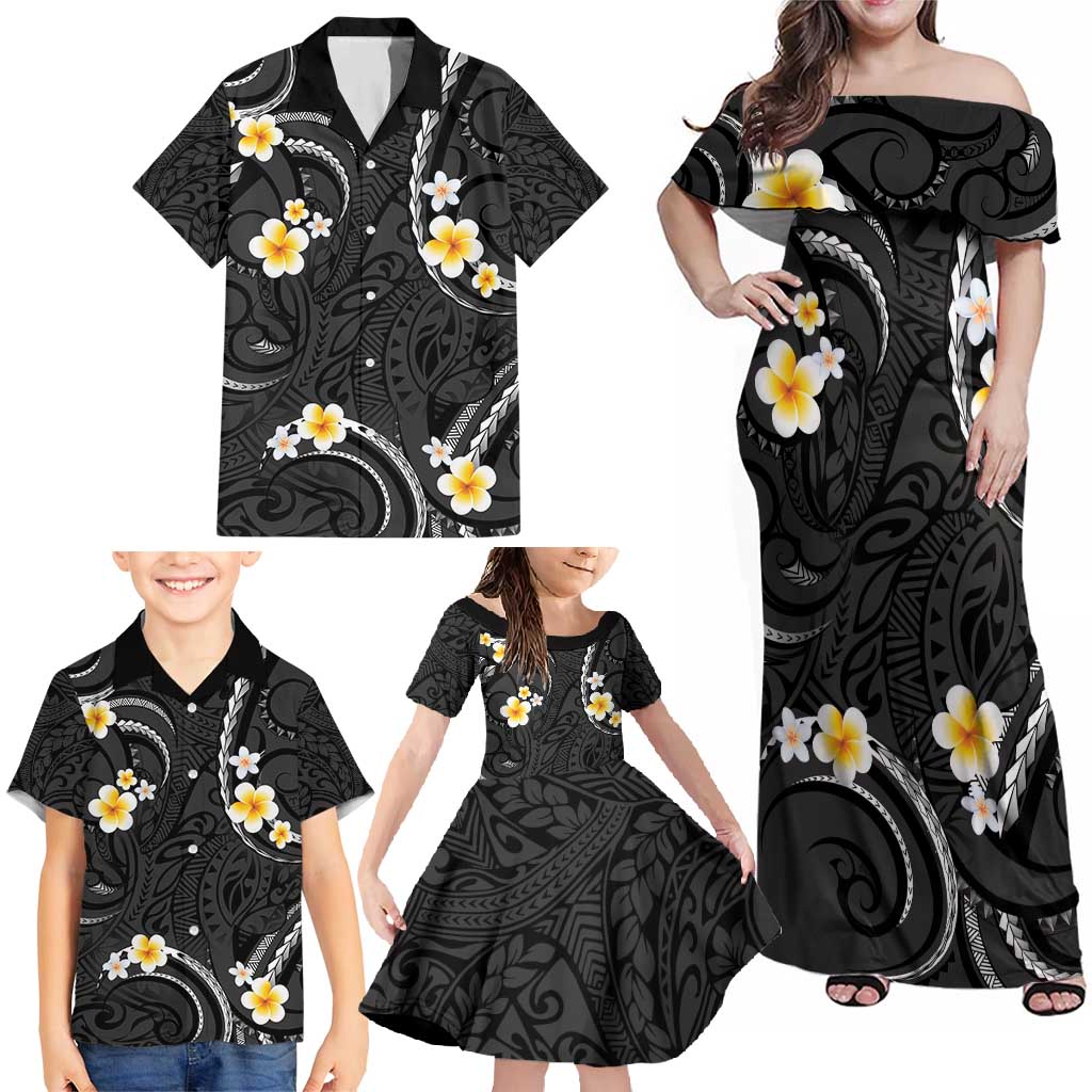 Black And Gray Family Matching Off Shoulder Maxi Dress and Hawaiian Shirt Curves Polynesian Tattoo Mix Plumeria Flowers LT14 - Polynesian Pride