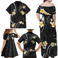 Black And Gray Family Matching Off Shoulder Maxi Dress and Hawaiian Shirt Curves Polynesian Tattoo Mix Plumeria Flowers LT14 - Polynesian Pride