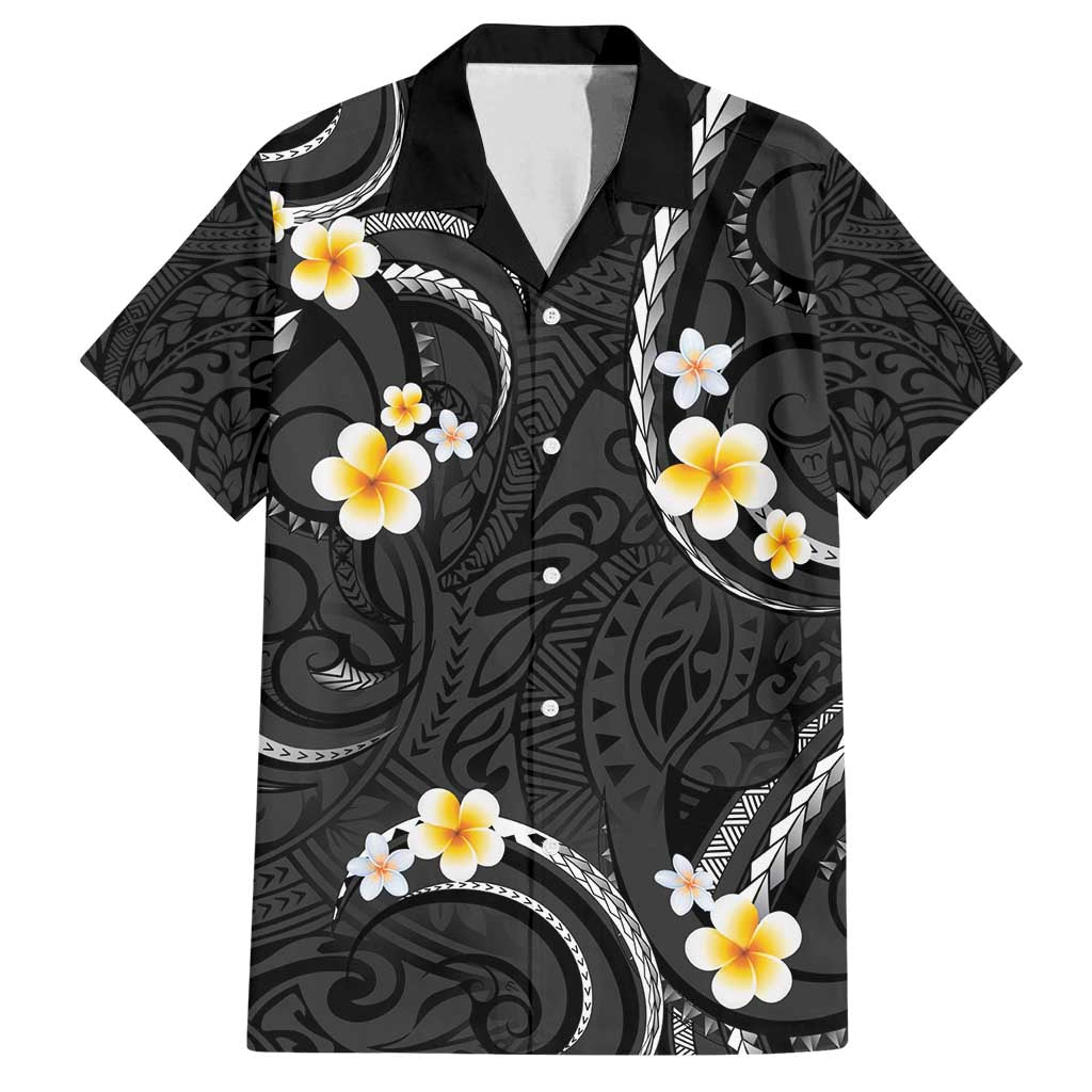 Black And Gray Family Matching Off Shoulder Maxi Dress and Hawaiian Shirt Curves Polynesian Tattoo Mix Plumeria Flowers LT14 Dad's Shirt - Short Sleeve Gray - Polynesian Pride