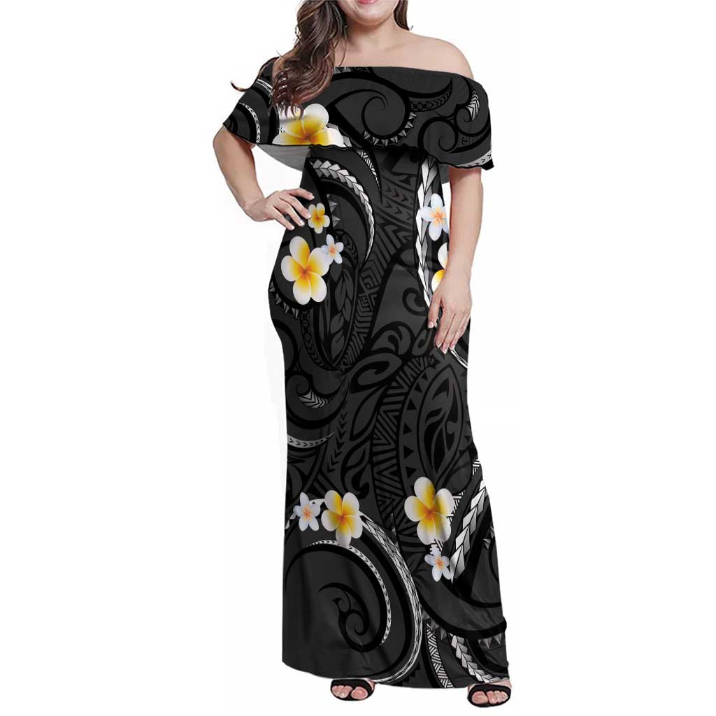 Black And Gray Family Matching Off Shoulder Maxi Dress and Hawaiian Shirt Curves Polynesian Tattoo Mix Plumeria Flowers LT14 Mom's Dress Gray - Polynesian Pride