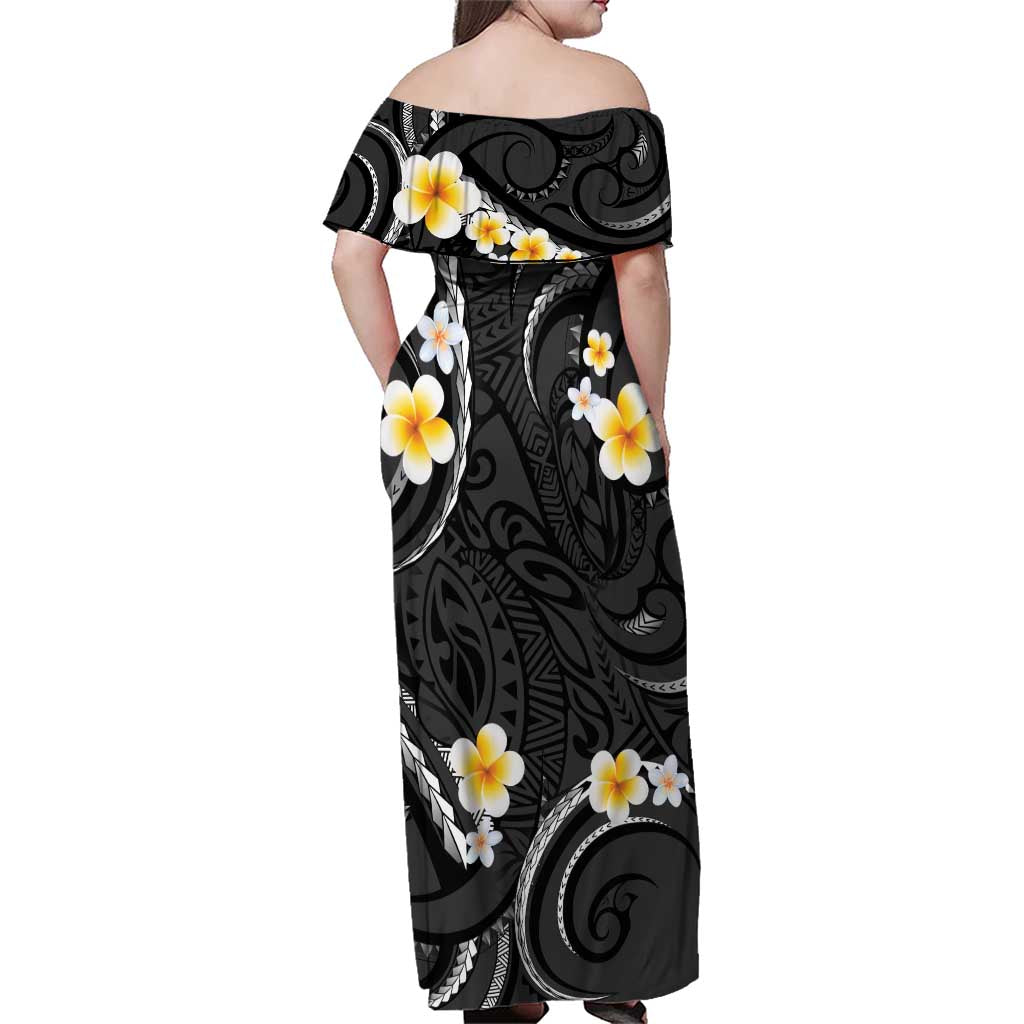 Black And Gray Family Matching Off Shoulder Maxi Dress and Hawaiian Shirt Curves Polynesian Tattoo Mix Plumeria Flowers LT14 - Polynesian Pride