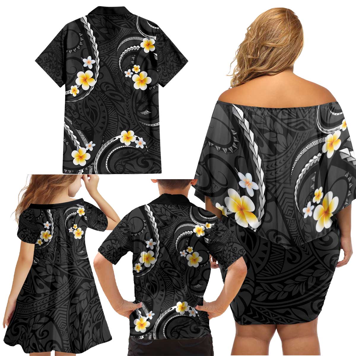 Black And Gray Family Matching Off Shoulder Short Dress and Hawaiian Shirt Curves Polynesian Tattoo Mix Plumeria Flowers LT14 - Polynesian Pride