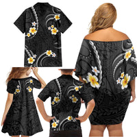 Black And Gray Family Matching Off Shoulder Short Dress and Hawaiian Shirt Curves Polynesian Tattoo Mix Plumeria Flowers LT14 - Polynesian Pride