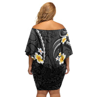 Black And Gray Family Matching Off Shoulder Short Dress and Hawaiian Shirt Curves Polynesian Tattoo Mix Plumeria Flowers LT14 - Polynesian Pride