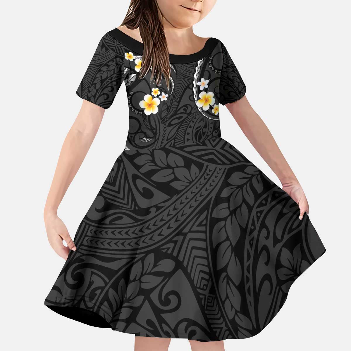 Black And Gray Family Matching Puletasi and Hawaiian Shirt Curves Polynesian Tattoo Mix Plumeria Flowers LT14 Daughter's Dress Gray - Polynesian Pride