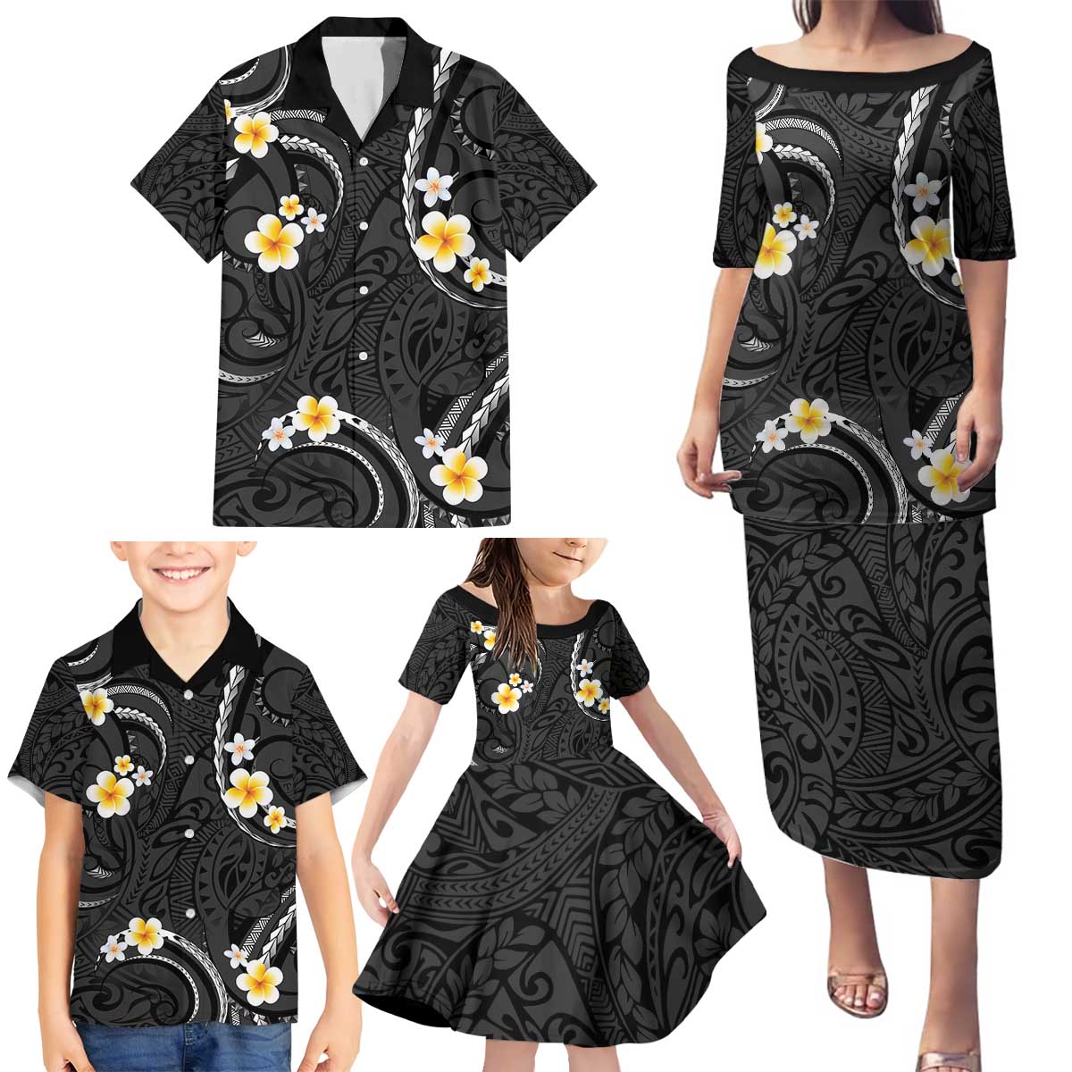Black And Gray Family Matching Puletasi and Hawaiian Shirt Curves Polynesian Tattoo Mix Plumeria Flowers LT14 - Polynesian Pride