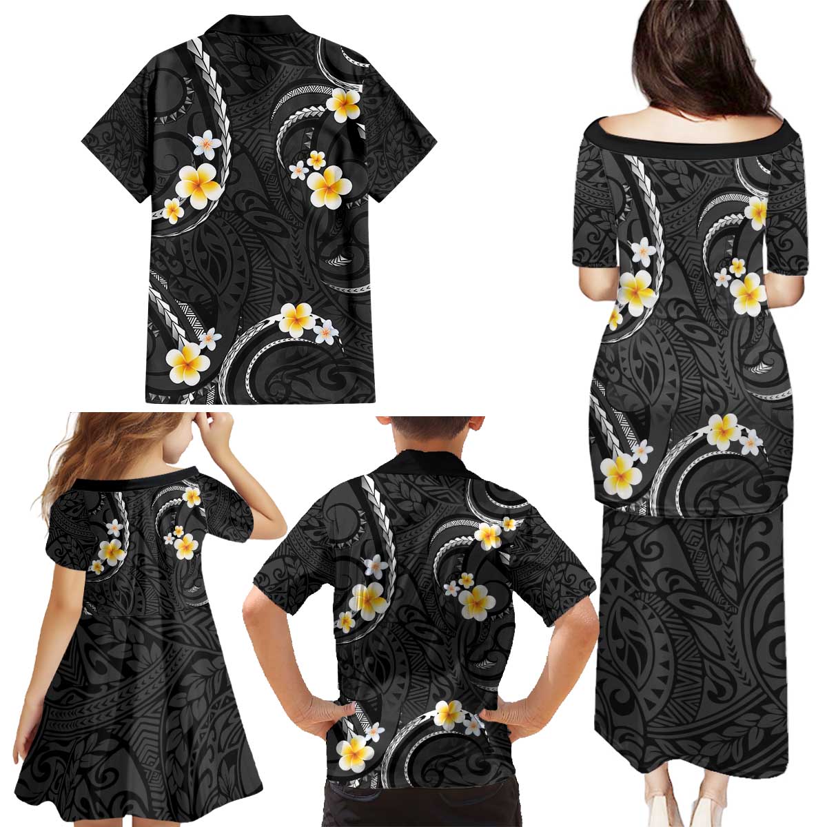 Black And Gray Family Matching Puletasi and Hawaiian Shirt Curves Polynesian Tattoo Mix Plumeria Flowers LT14 - Polynesian Pride