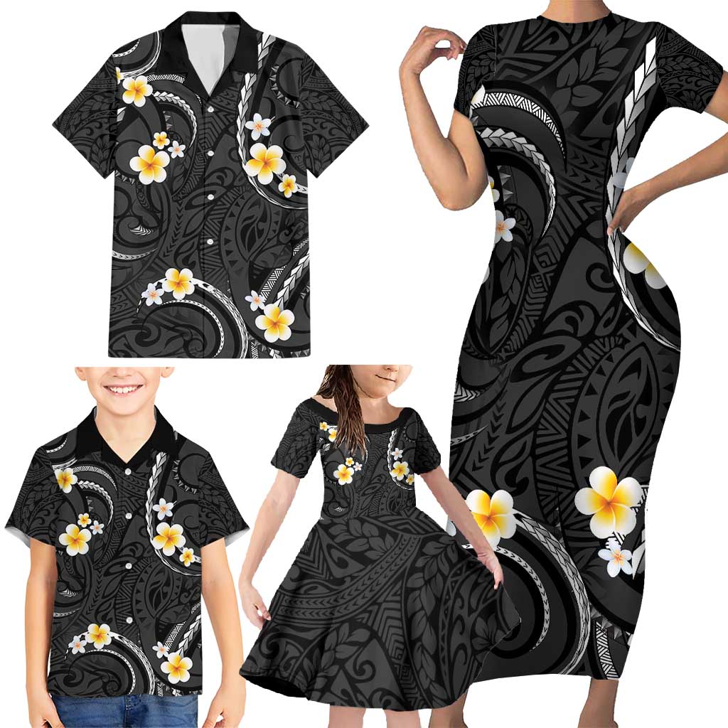Black And Gray Family Matching Short Sleeve Bodycon Dress and Hawaiian Shirt Curves Polynesian Tattoo Mix Plumeria Flowers LT14 - Polynesian Pride