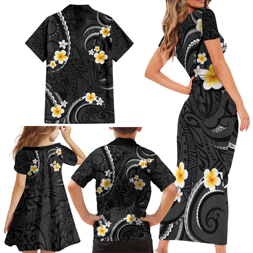Black And Gray Family Matching Short Sleeve Bodycon Dress and Hawaiian Shirt Curves Polynesian Tattoo Mix Plumeria Flowers LT14 - Polynesian Pride