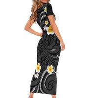 Black And Gray Family Matching Short Sleeve Bodycon Dress and Hawaiian Shirt Curves Polynesian Tattoo Mix Plumeria Flowers LT14 - Polynesian Pride