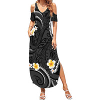 Black And Gray Family Matching Summer Maxi Dress and Hawaiian Shirt Curves Polynesian Tattoo Mix Plumeria Flowers LT14 Mom's Dress Gray - Polynesian Pride