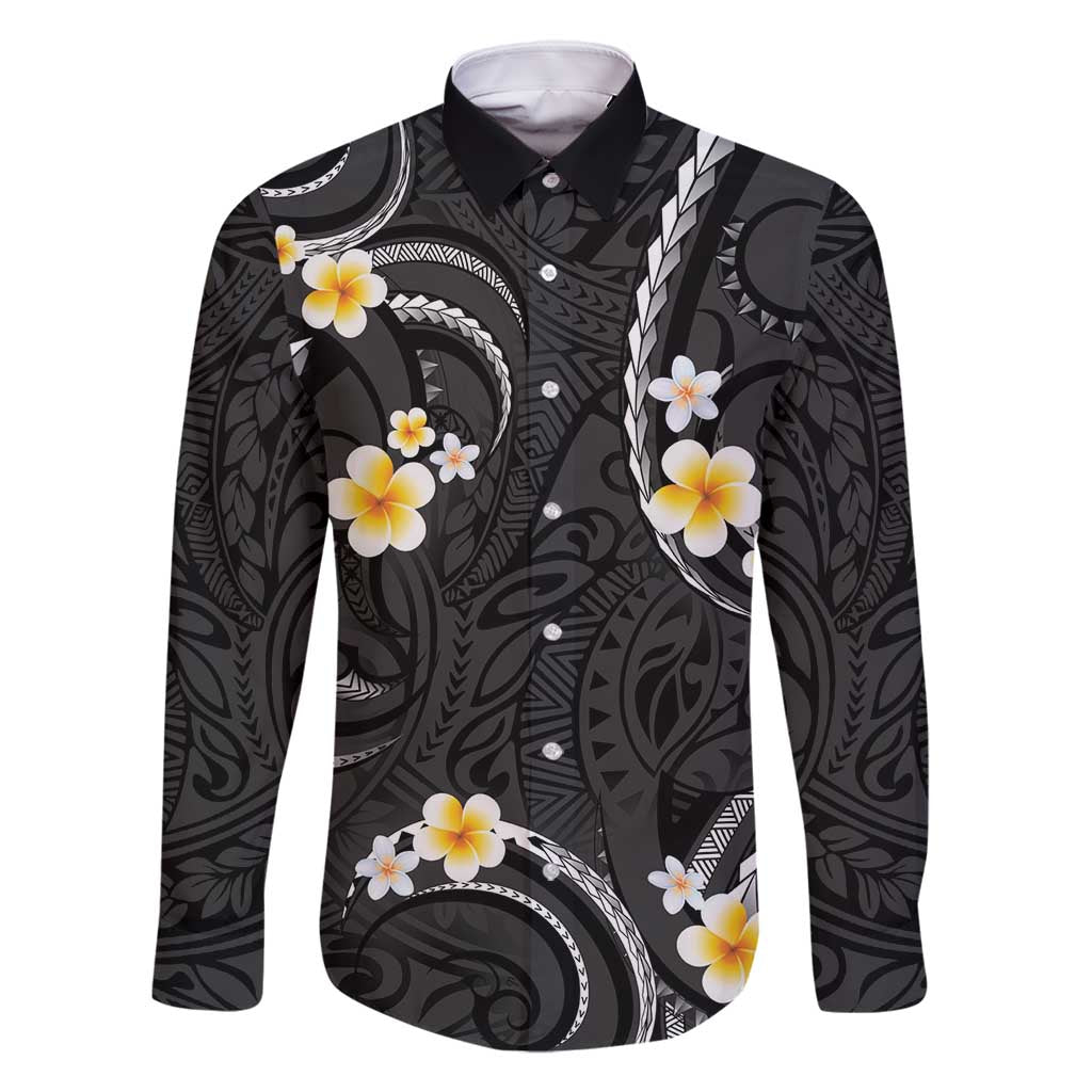 Black And Gray Family Matching Tank Maxi Dress and Hawaiian Shirt Curves Polynesian Tattoo Mix Plumeria Flowers LT14 Dad's Shirt - Long Sleeve Gray - Polynesian Pride