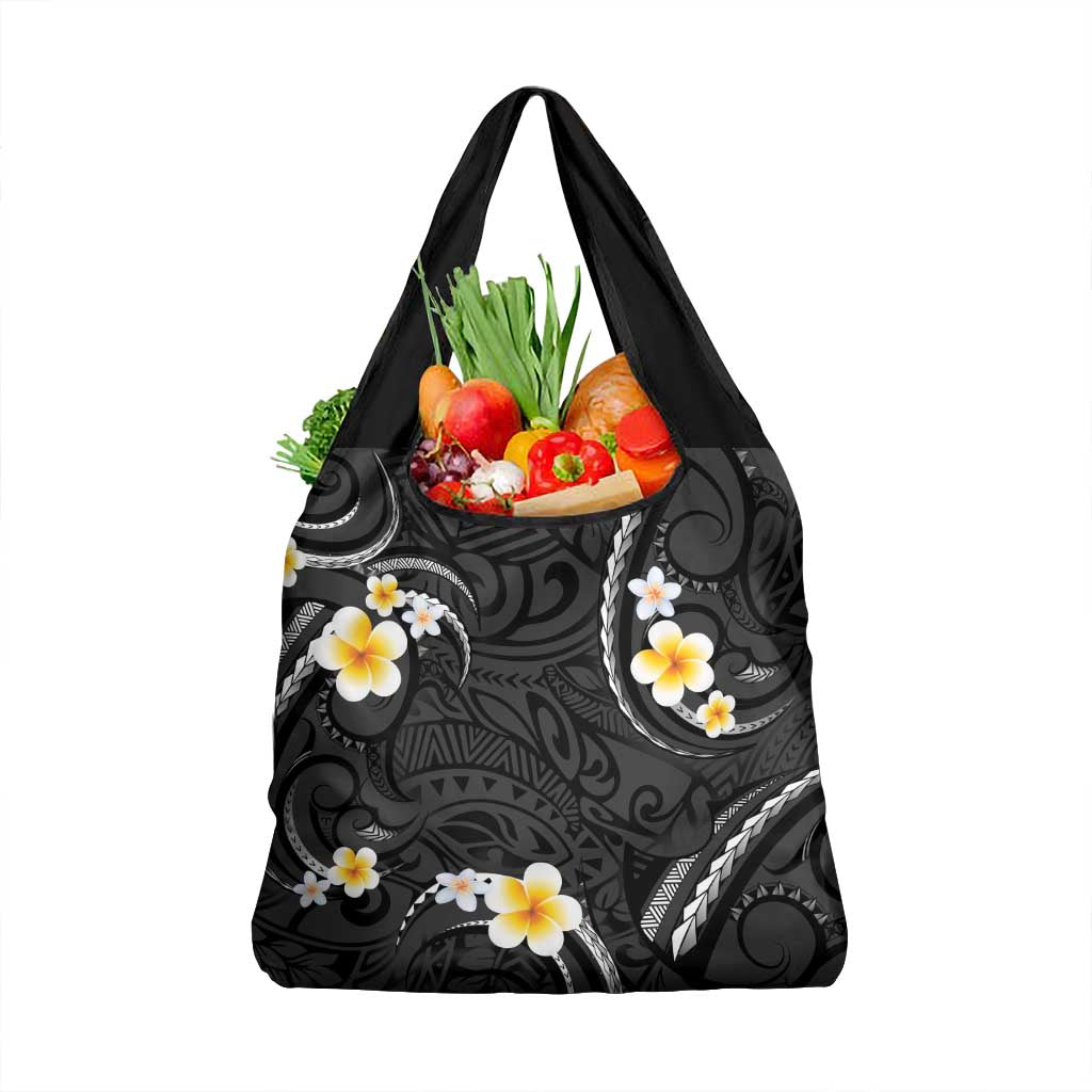 Black And Gray Grocery Bag Curves Polynesian Tattoo Mix Plumeria Flowers LT14 1-pack One Size Gray - Polynesian Pride