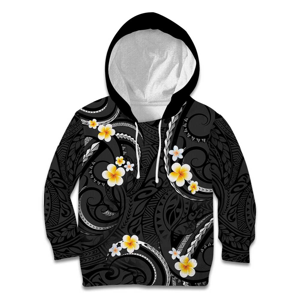 Black And Gray Kid Hoodie Curves Polynesian Tattoo Mix Plumeria Flowers LT14 Hoodie Gray - Polynesian Pride