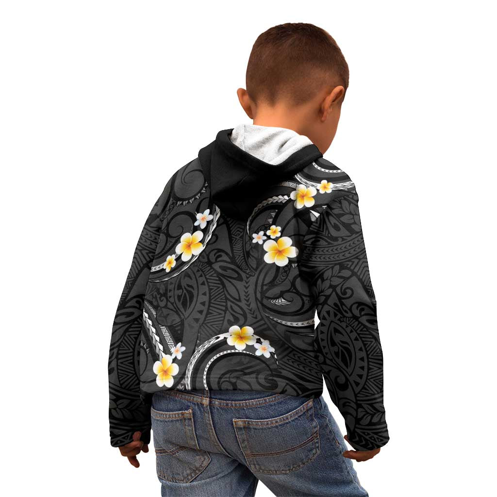 Black And Gray Kid Hoodie Curves Polynesian Tattoo Mix Plumeria Flowers LT14 - Polynesian Pride