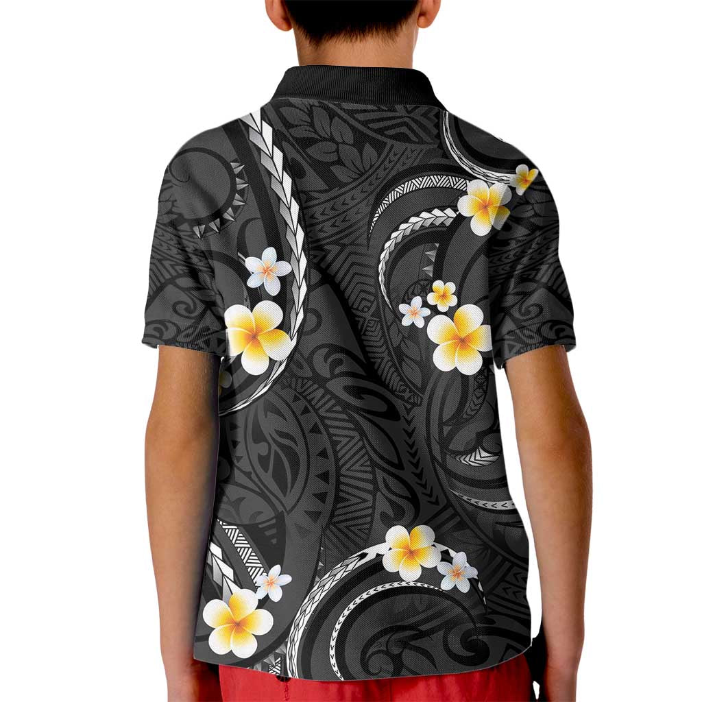 Black And Gray Kid Polo Shirt Curves Polynesian Tattoo Mix Plumeria Flowers